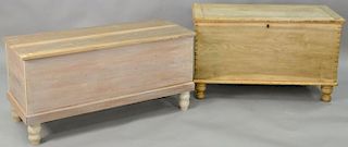 Two lift top blanket chests on turned legs. ht. 25in., top: 20" x 43" and ht. 23in., top: 20" x 47"