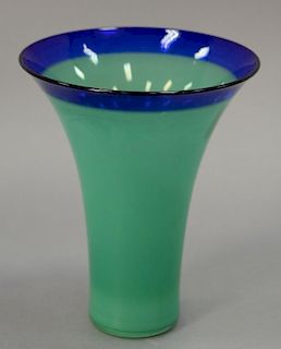 Philip Baldwin and Monica Guggisberg trumpet vase having celadon green body and cobalt blue rim. ht. 7 1/4in.