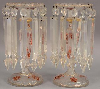 Pair of lusters decorated with ruby flash flowers and long prisms. ht. 12in.