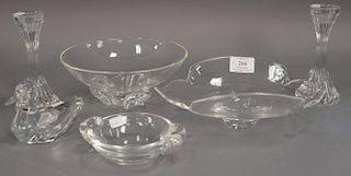 Six piece crystal lot to include Steuben Calyx 9 inch bowl, Steuben Floret bowl, pair of Baccarat France Massena candlesticks