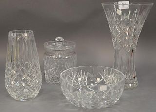 Four Waterford crystal pieces including Giftware pattern bowl, biscuit jar, tall Huntley vase, and a smaller vase (ht. 12in.)