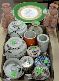 Box lot of Chinese porcelain cosmetic boxes, tea pots, two figural vases, and six Bavaria plates.