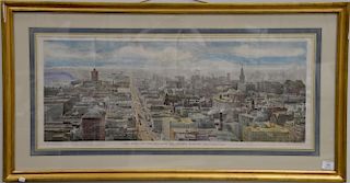 Three framed Harper's Weekly hand colored lithographs including a pair of "The Heart of Chicago from The Masonic Building" dr