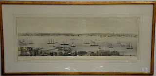 Two framed New York lithographs including Burton, New York from Staten Island Brooklyn City lithograph printed in colors and 