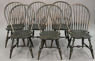 Set of six D.R. Dimes Windsor style side chairs, green paint bow back, stamped D.R. Dimes.