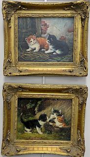 Pair of oil on panel paintings of kittens playing, copies of Henriette Ronner, one signed H. Ronner and the other signed Ronn