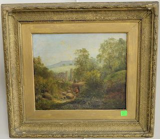 19th century oil on canvas of children playing in farm landscaped, monogrammed lower left, 10" x 12".