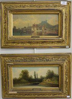 Group of three framed oil on board paintings including a pair of landscapes with ponds signed C. Green (6" x 12") and an Ital