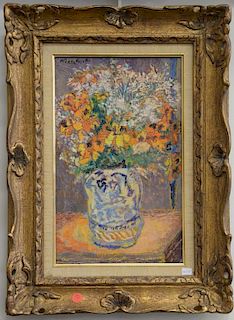 Lilian Mackendrick (1906-1987) oil mounted on masonite, still life of flowers in a vase, signed top left: Mackendrick, 16" x 