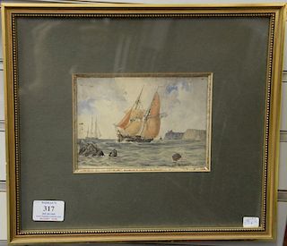 19th Century watercolor on paper, Ships off Coast, unsigned, sight size 4 3/4" x 6 3/4".  Provenance:  Property from the Cred