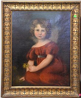 19/20th Century portrait of a young girl in a red dress holding yellow flowers, oil on canvas, unsigned, 25" x 20".