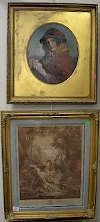 Three framed pieces to include an oil on board of girl with playing cards, Le Grouter De L'Automne by Rene Gaillard, and a 20
