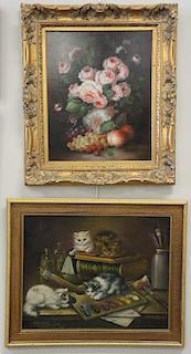 Two piece lot to include an oil on cloth of kittens playing signed lower left: E. Skritulsky, H. Rettig pinx 1919 and oil on 