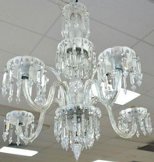 Five light crystal chandelier with prisms. ht. 36in., wd. 32in.