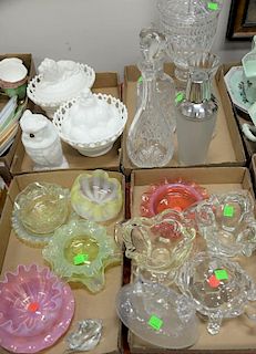Four box lots to include nine ribbon art glass bowls and plates, two with thread design; crystal turtle; Atterbury milk glass