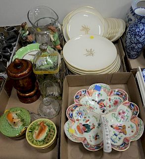 Six box lots of porcelain and china to include three part Chinese serving dish, glass bottle and pitcher, group of miniature 