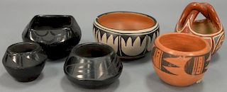 Group of six pottery pieces including Alvina Garcia bowl, Orlinda bowl, small basket, Blackware small bowl, Angelita Blackwar