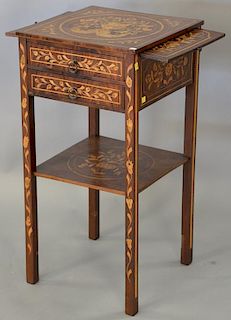 Marquetry inlaid mahogany two drawer stand with pull out slide, late 19th century. ht. 34in., top: 17" x 17"