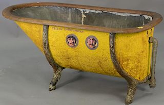 Metal bath tub with oak top rail and iron frame legs, circa 1850-1880. ht. 24in., top: 26" x 54"