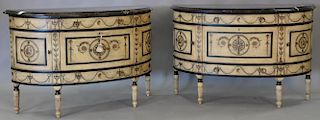 Ferguson Copeland Ltd. pair of paint decorated demilune commodes, each with brown marble tops. ht. 34in., wd. 52in., dp. 18in