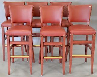 Set of six ISA International bar stools in red leather. ht. 44in.