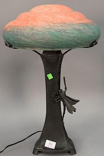 Contemporary table lamp with art glass mushroom form shade on bronze base with dragon fly. ht. 22in.