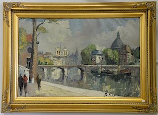 Oil on canvas Paris Canal signed lower right indistinctly, 23" x 35".