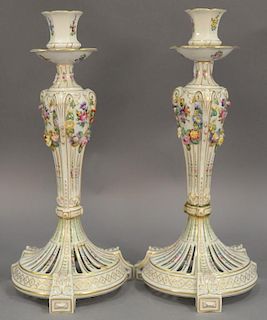 Pair of Dresden reticulated candlesticks (as is - both repaired). ht. 16 1/2 in.