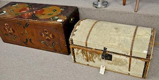 Two lift top chests including dome lift top chest having seal skin and leather with masonic mirror Boston 1826 newspaper lini
