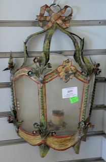 Pair of tin and glass hand painted wall candle sconces. ht. 14 1/2in.
