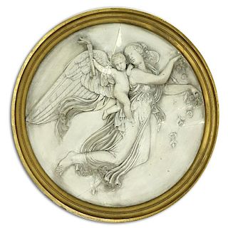 Large Vintage Framed Plaster Relief Plaque "Lady And Cherub"