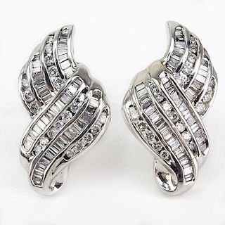 Vintage Approx. 3.0 Carat Round Brilliant and Baguette Cut Diamond and 18 Karat White Gold Earrings.