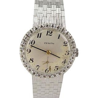 Lady's Vintage Zenith 18 Karat White Gold Bracelet watch with Diamond Bezel.