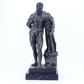 Glycon, French (19th Century) Patinated Bronze Sculpture of Hercules on Black Marble Base.