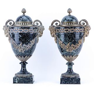 Pair French Louis XVI Style Antique Bronze Mounted Marble Cassolettes.