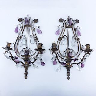 Pair of Vintage Brass Lyre Sconces with Amethyst and Glass Drops.