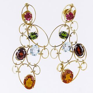 Attributed to: H Stern Vintage Multi Gemstone and 18 Karat Yellow Gold Chandelier Earrings.