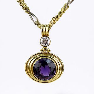Large Round Cut Amethyst, CZ and 18 Karat Yellow Gold Pendant Necklace.