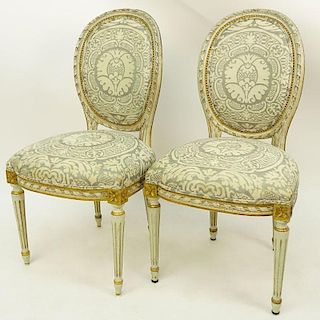 Pair of Louis XVI Style Carved Balloon Back Upholstered Side Chairs, Fortuny Upholstery Fabric.