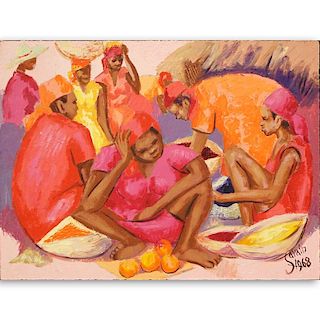 Petion Savin, Haitian (born 1927) Acrylic on board "Fruit Sellers".
