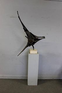 Abstract Iron Sculpture on Marble Base on Stand.