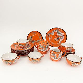 Seventeen (17) Piece Vintage Japanese Orange Dragonware Moriage Partial Dessert Set.