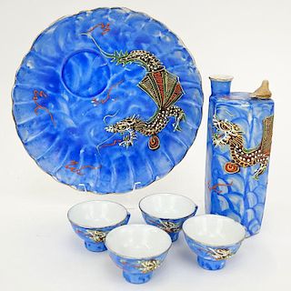 Six (6) Piece Vintage Japanese Blue Dragonware Sake Set.