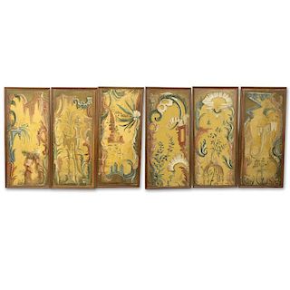 Six (6) Early to Mid 20th Century Rococo Chinoiserie style Stage Scenery Oils on Canvas Mounted on Panel.