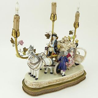 Vintage Dresden Porcelain Horse Drawn Carriage Group Now As A Lamp. No visible signature.