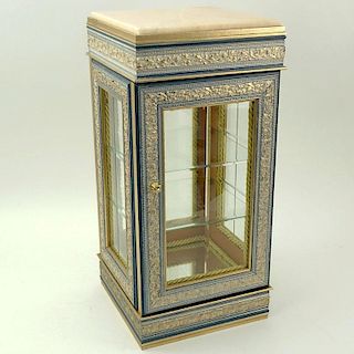 Small Modern Painted Display Cabinet. Lined interior with glass shelves.