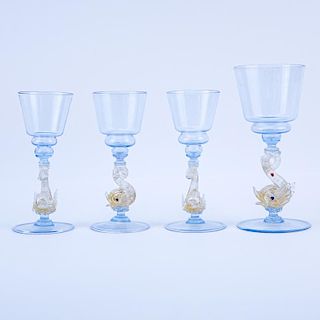 Group of Four (4) Vintage Hand Blown Venetian Glass Dolphin Wine Glasses.