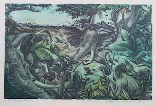 Paul Bough Travis (American, 1891–1975) - Jungle Scene with Elephants and Native Hunters, 1956