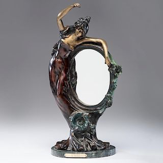 Cold-Painted Art Nouveau Bronze Mirror After Auguste Moreau