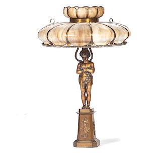 Neoclassical Bronze Lamp With Slag Glass Shade